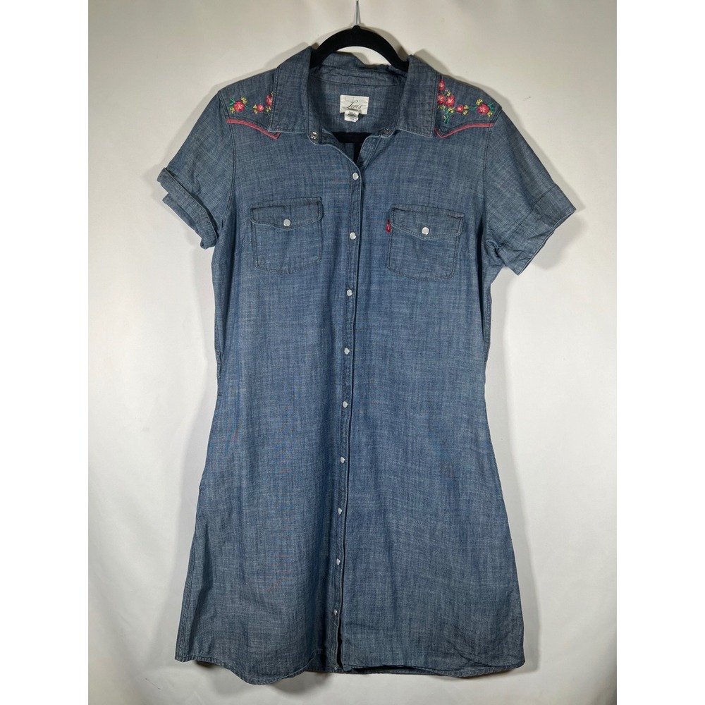 Levis Womens Blue Chambray Floral Embroidered Western Shirt Dress Large